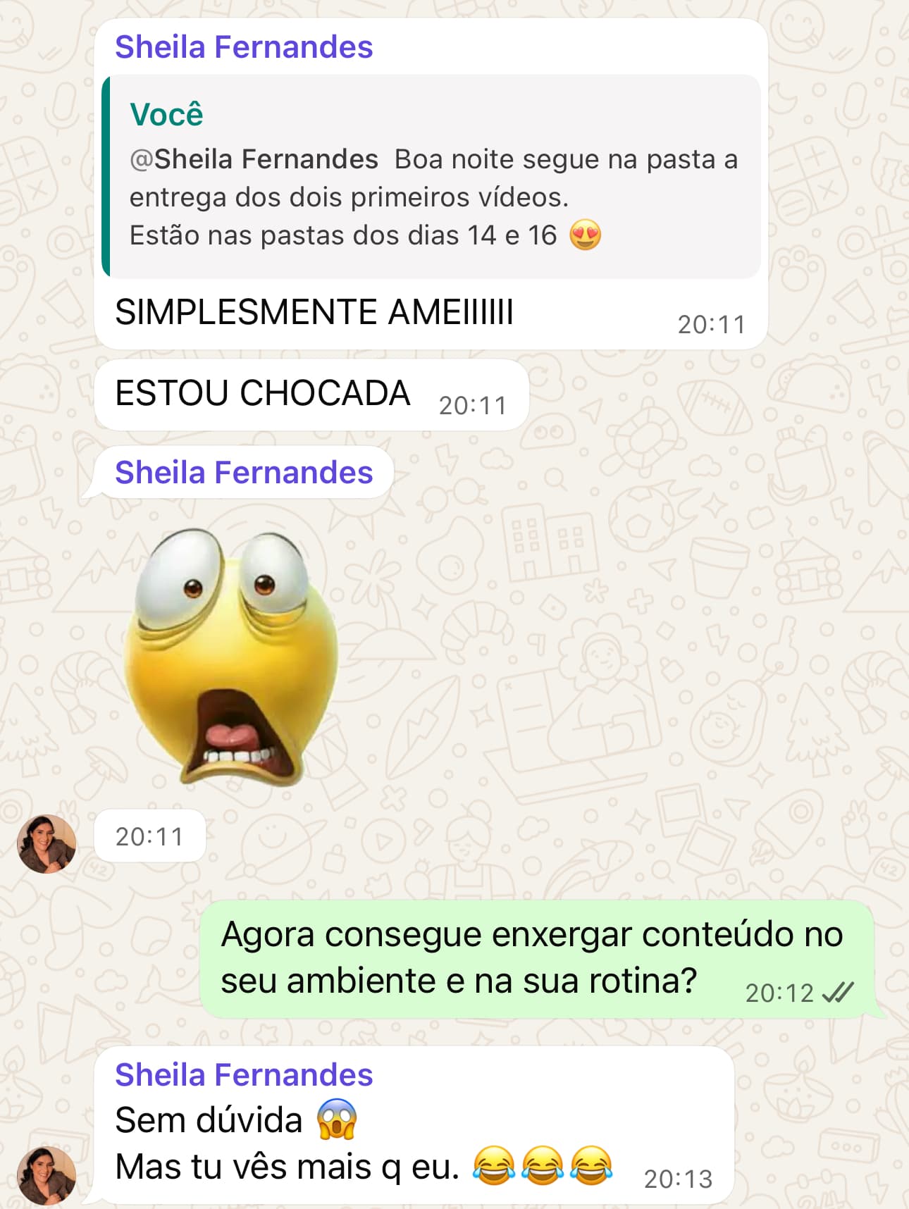 Print de conversa no WhatsApp com uma aluna a reagir à entrega dos vídeos editados: “Simplesmente amei, estou chocada”.
