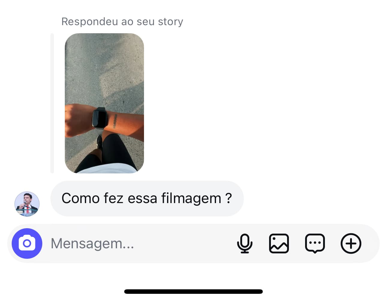 Print de mensagem no Instagram perguntando como foi feita uma filmagem, em resposta a um story.