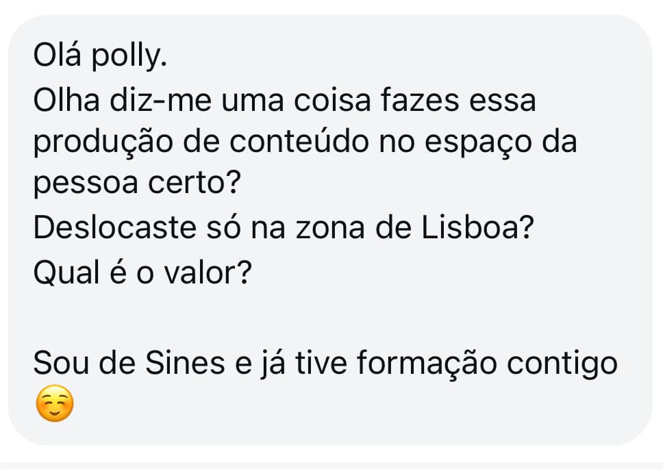 Print de mensagem no Instagram perguntando sobre preço e localização de uma formação de conteúdo.