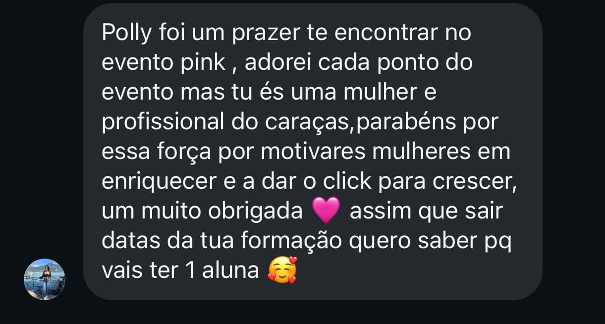 Print de mensagem no Instagram elogiando o profissionalismo num evento e pedindo datas da próxima formação.