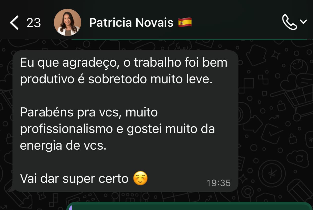 Print de conversa no WhatsApp agradecendo um trabalho de produção de conteúdo, descrito como profissional e leve.