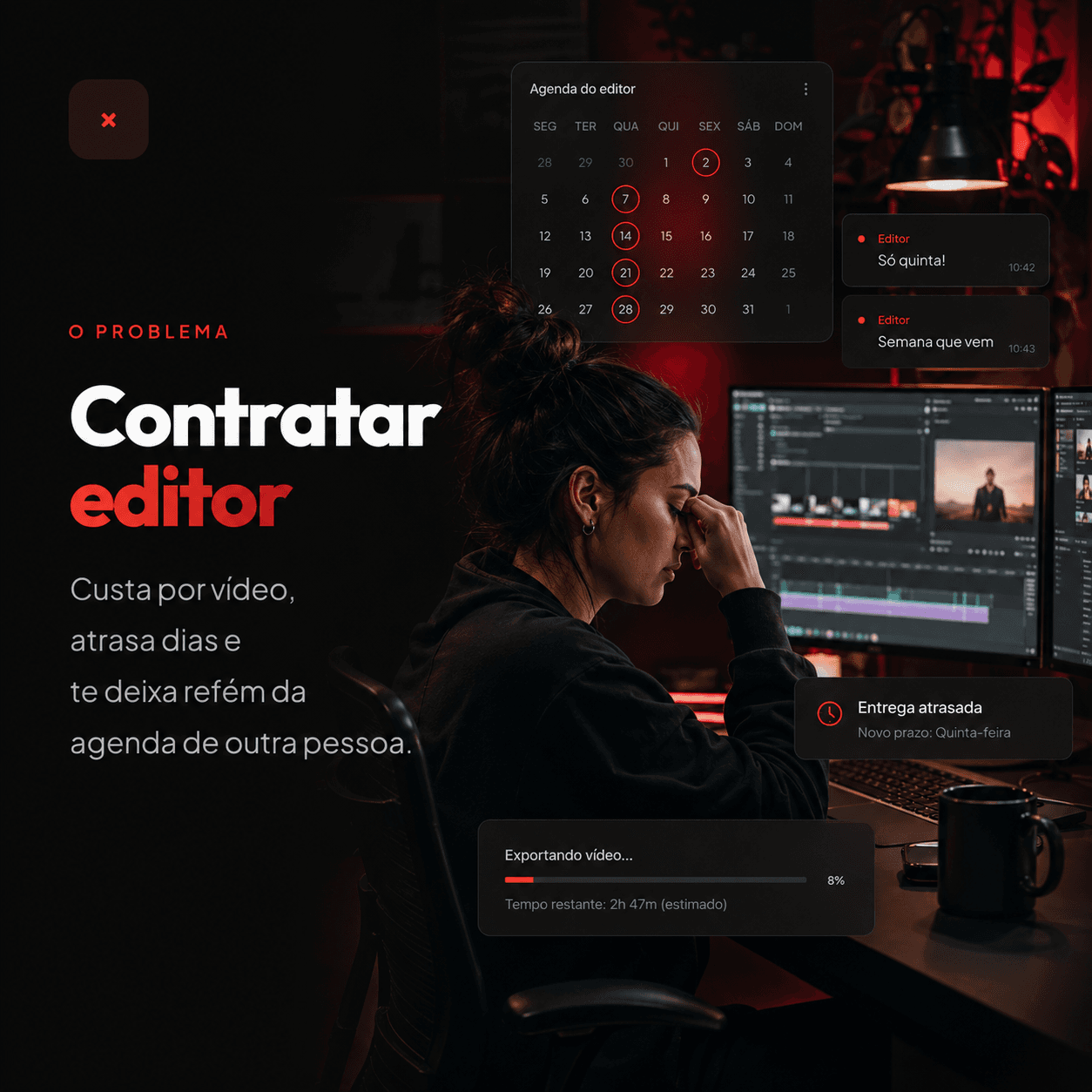 Contratar editor: Custa por vídeo, atrasa dias e te deixa refém da agenda de outra pessoa.