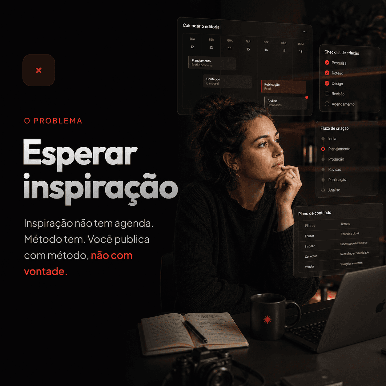 Esperar inspiração: Inspiração não tem agenda. Método tem. Você publica com método, não com vontade.