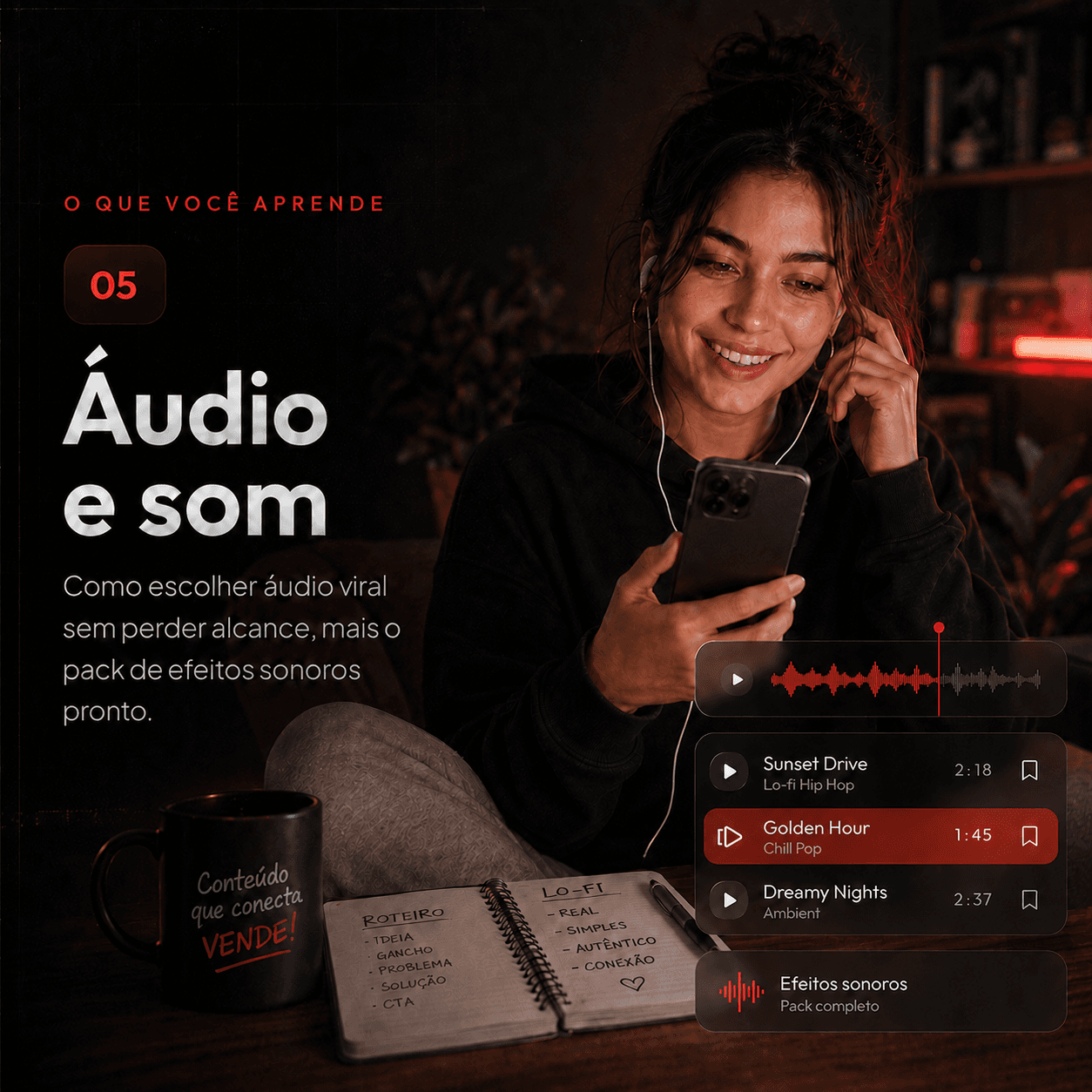 Áudio e som: Como escolher áudio viral sem perder alcance, mais o pack de efeitos sonoros pronto.